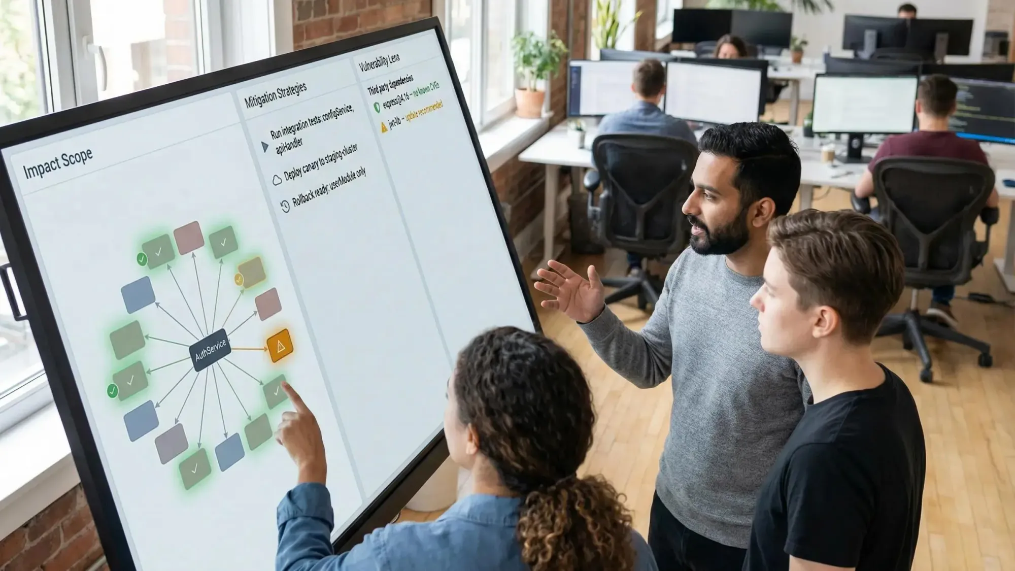 Dashboard visualization of blast radius analysis tool results highlighting system vulnerabilities