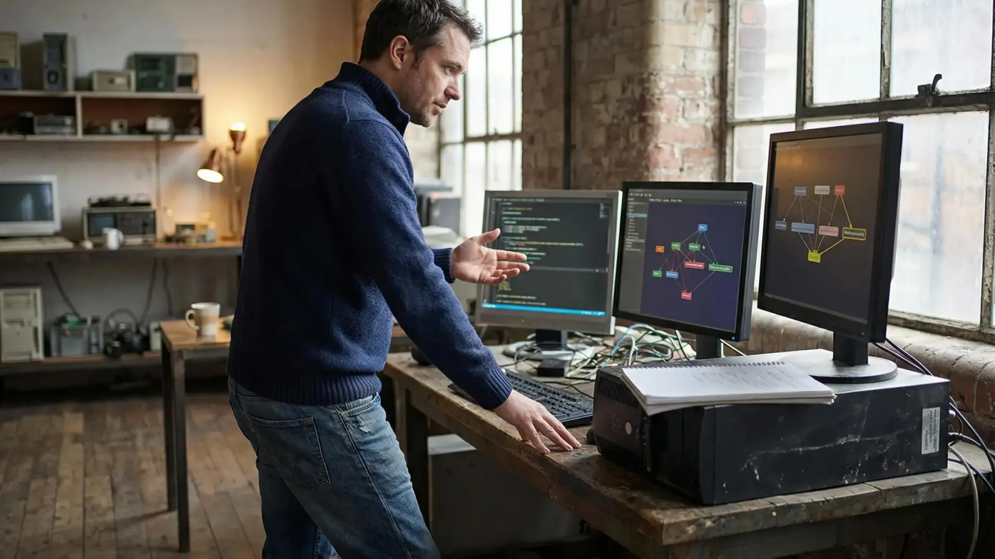 Developer reviewing code on screen during a codebase audit for AI assisted development