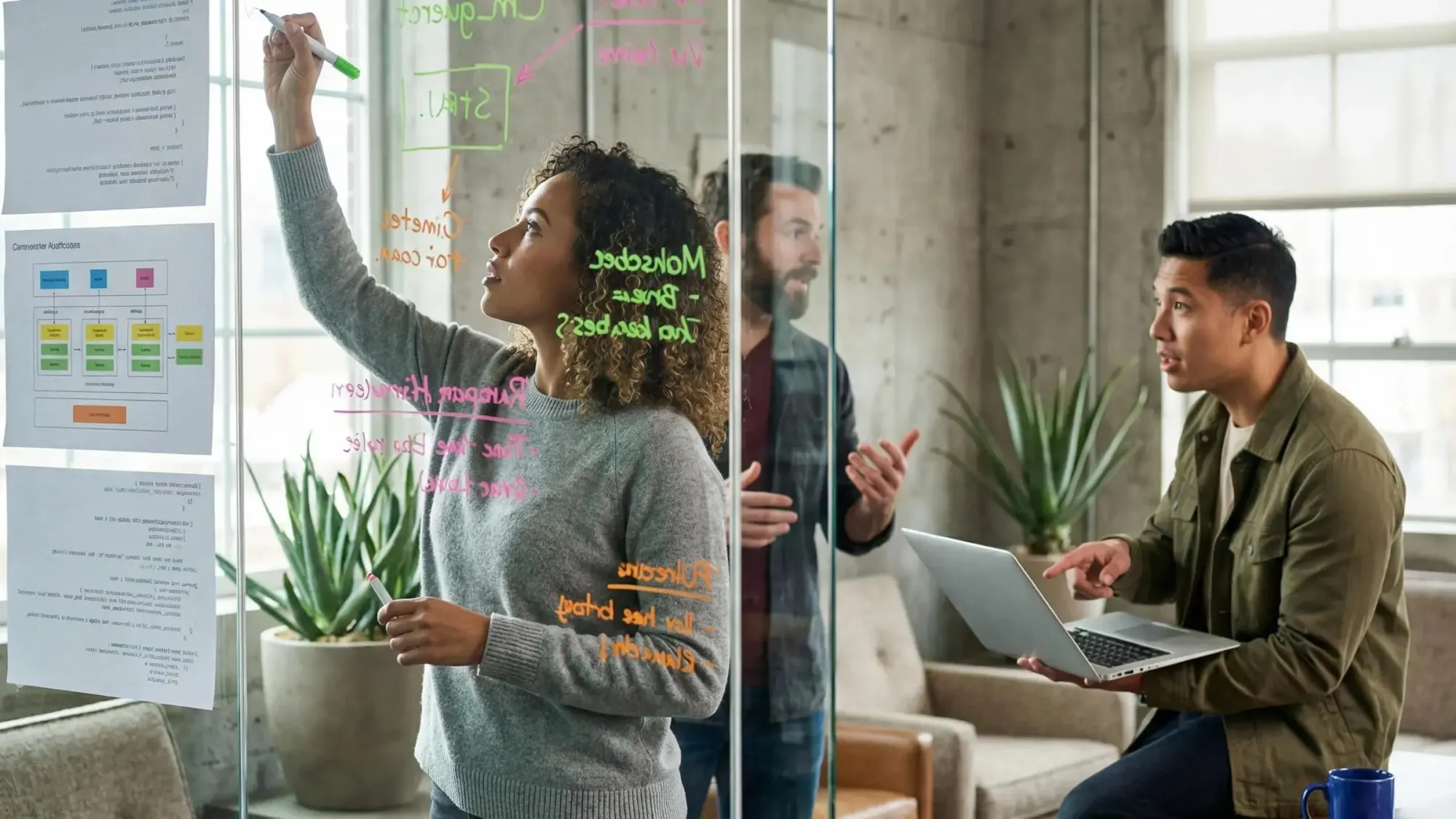 Team reviewing codebase for AI assisted development audit, ensuring quality and security compliance.