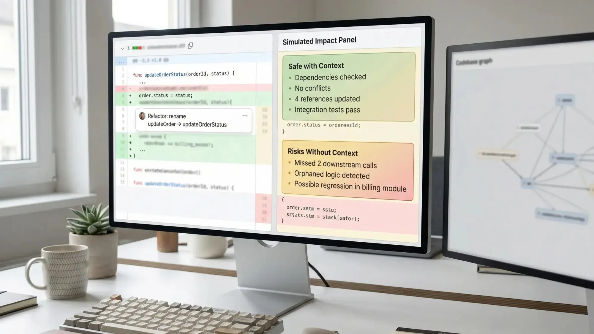 Illustration of AI agents interacting with a codebase intelligence platform dashboard