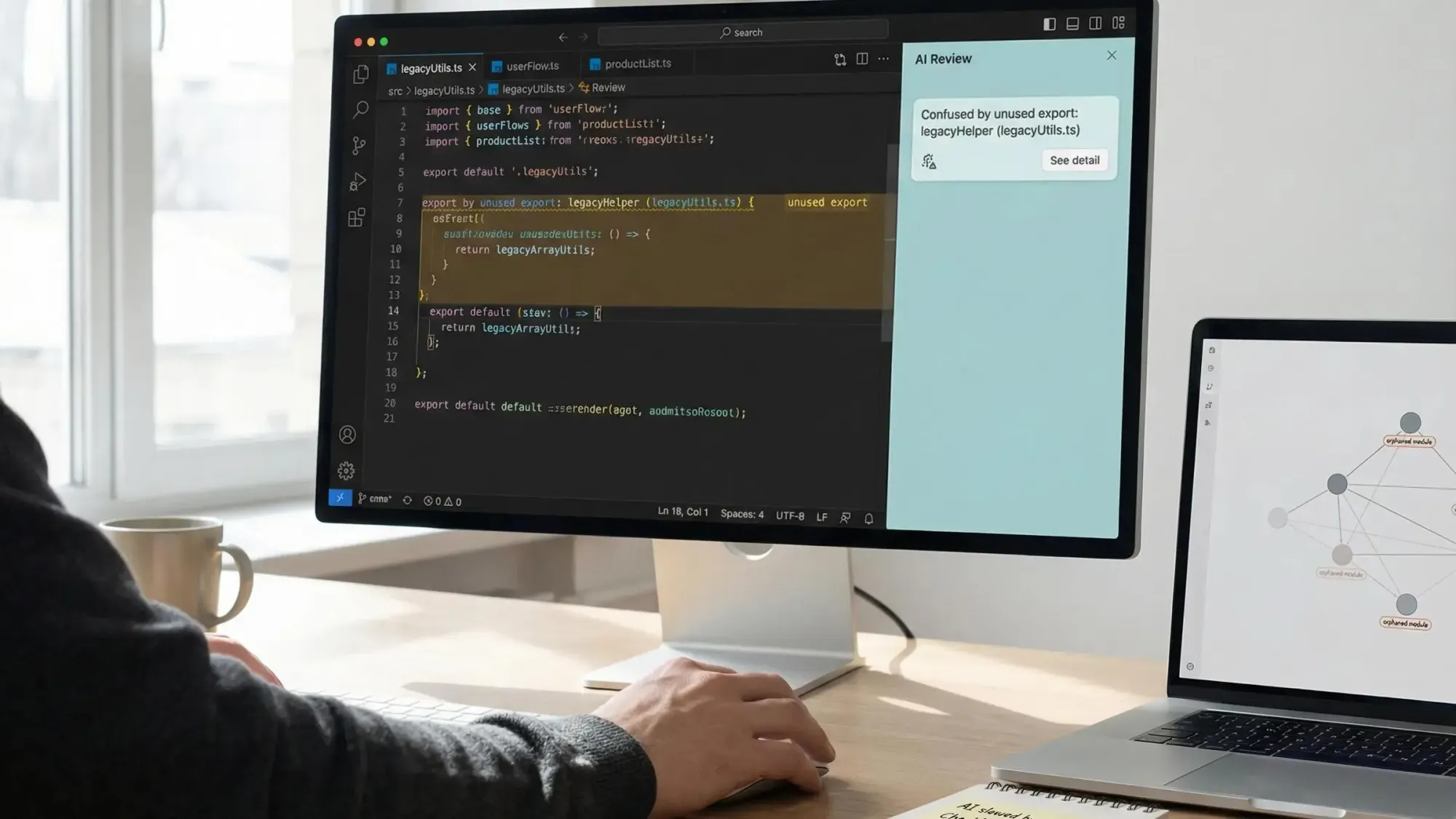Graphic illustrating how to detect dead exports in JavaScript for optimized AI-driven development