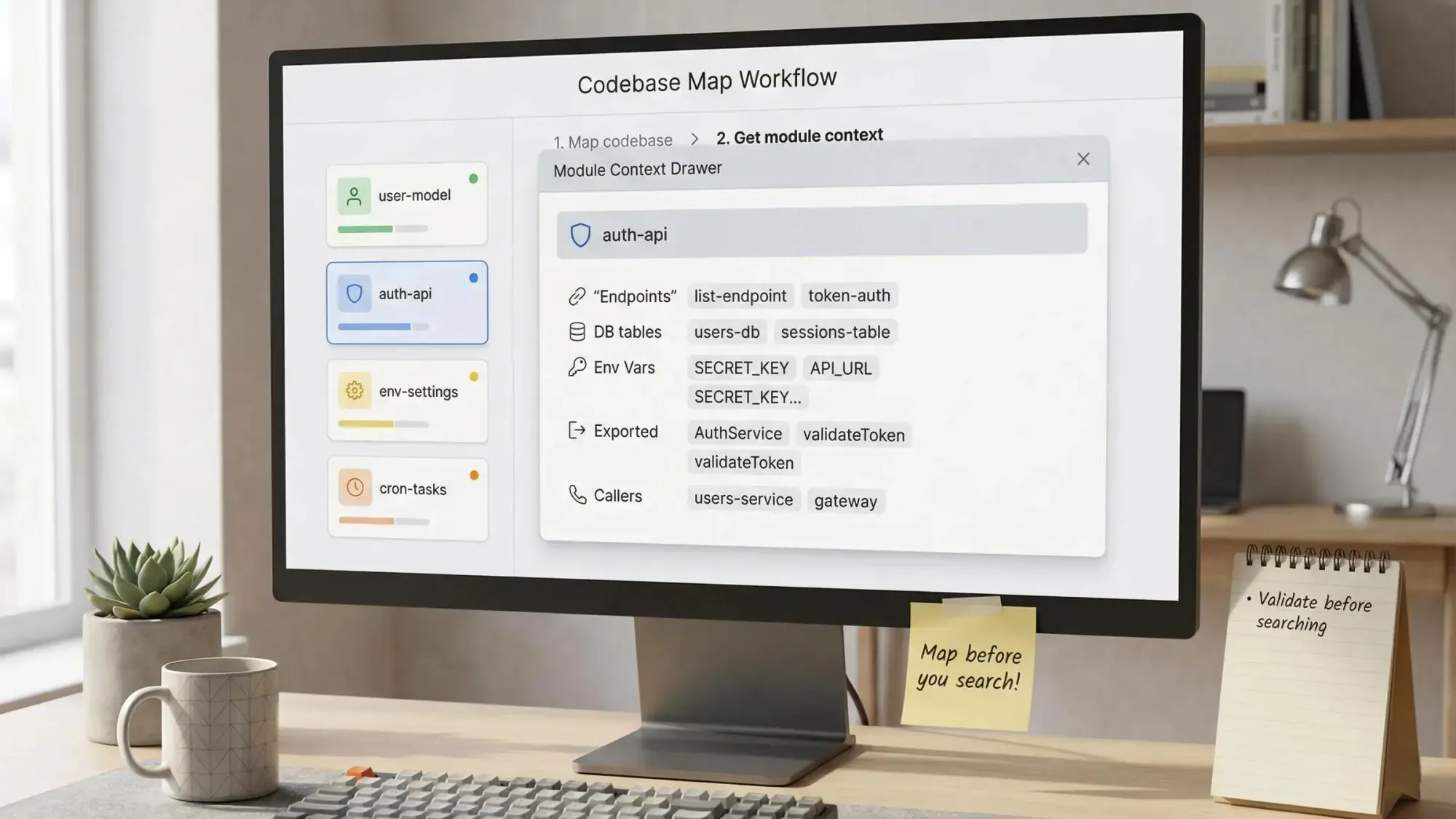 Illustration of function search across codebase using get_codebase_map and get_module_context tools
