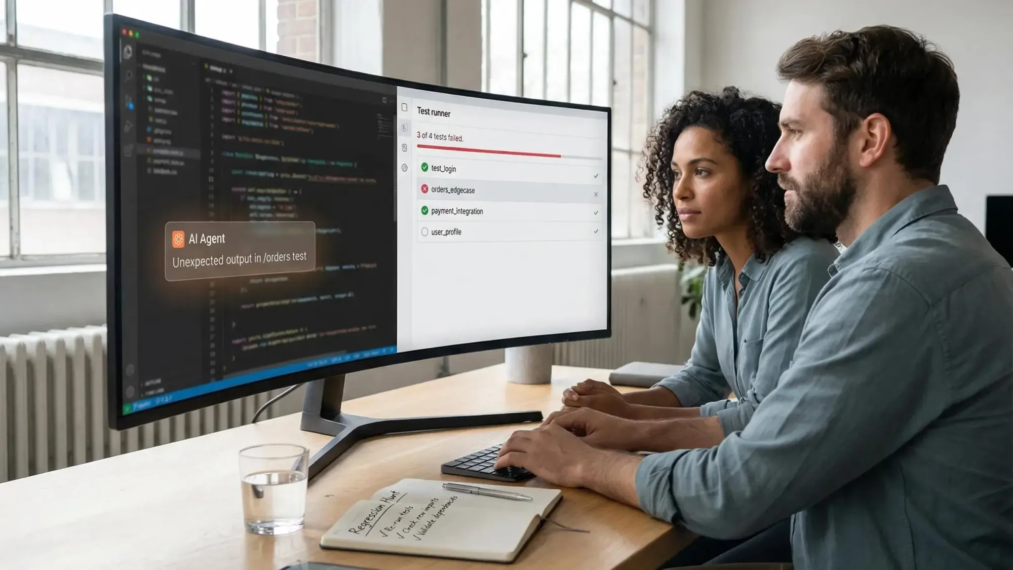 Small team collaborating at computers, demonstrating how to prevent regressions with AI coding