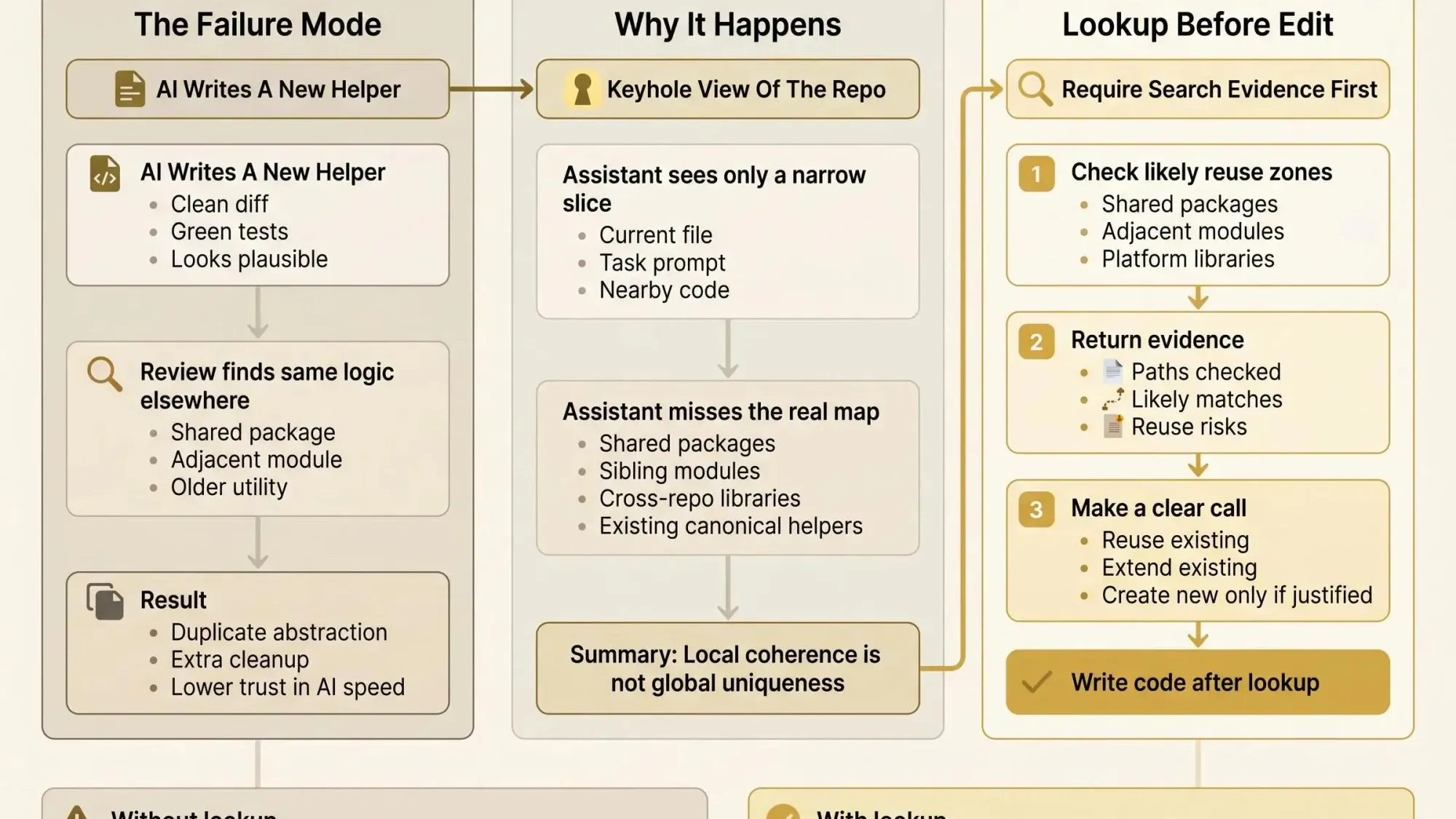 Require lookup evidence before new code when ai writes code that already exists