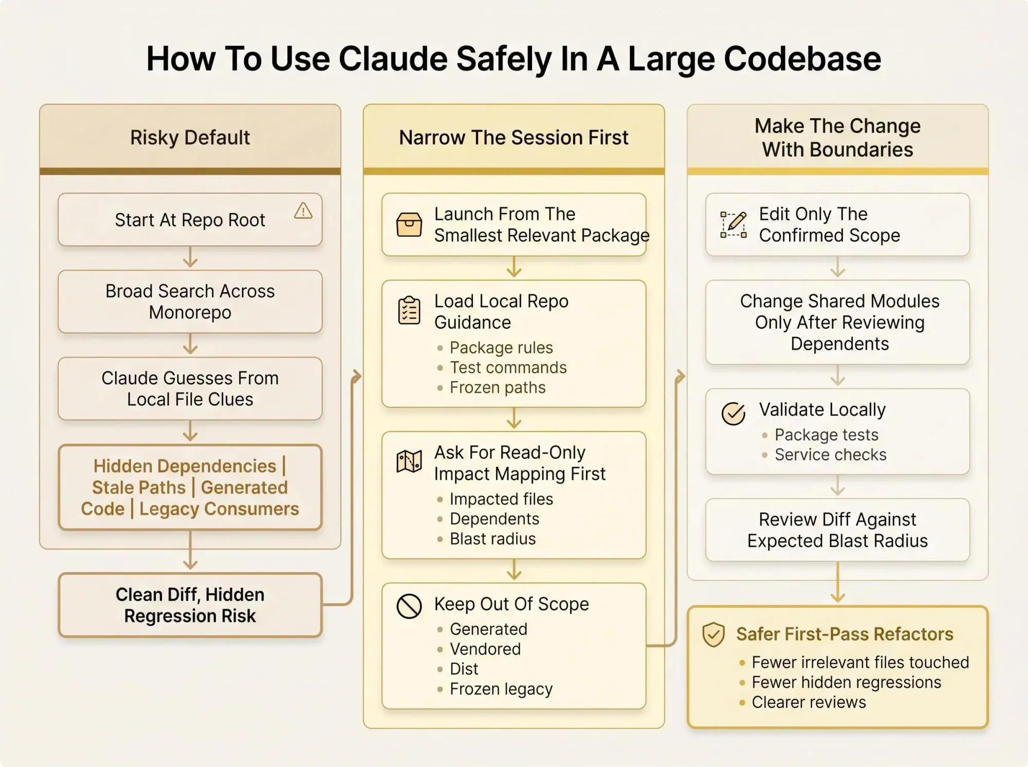 Safer workflow for Claude Code for large codebases in monorepos and multi-repo systems