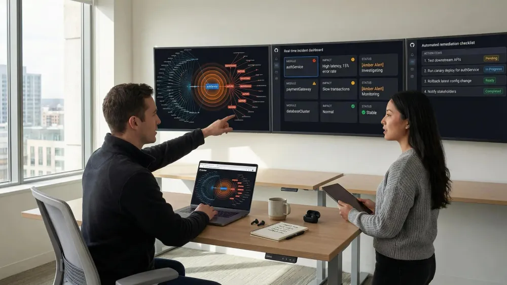 Dashboard visualization of blast radius analysis tool mapping code impact areas