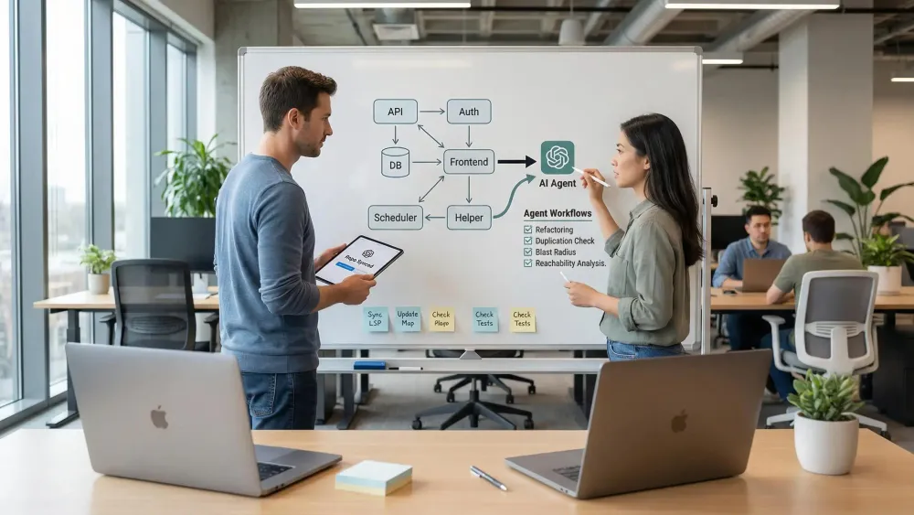 Codebase graph for AI coding showing integration of coding agents and project structure