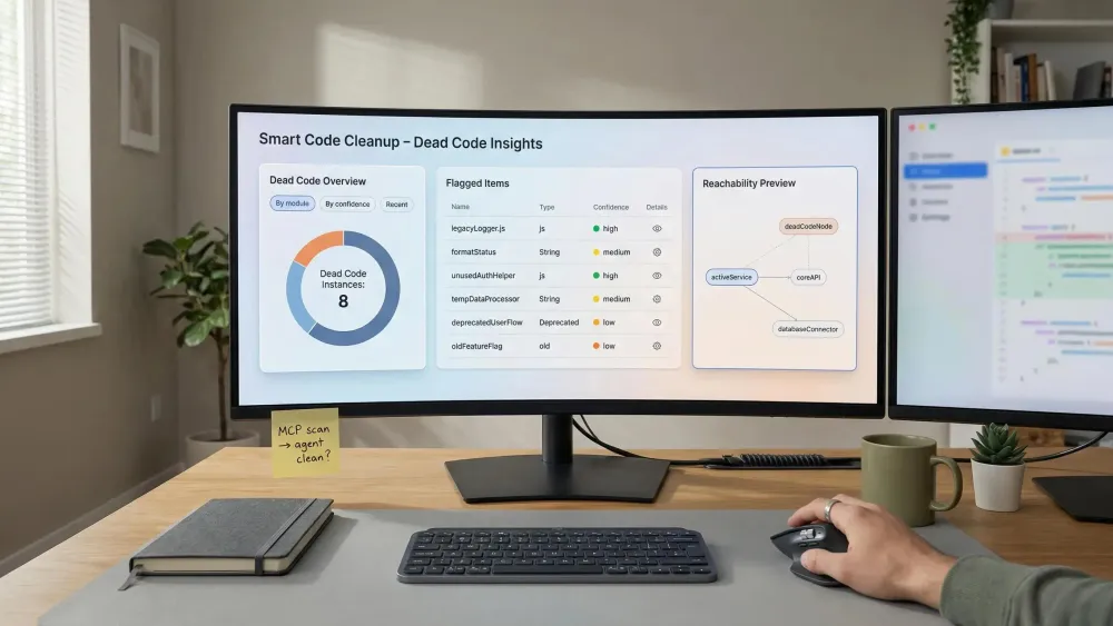 Dead code detection MCP concept showing agent optimizing code for faster intelligence development