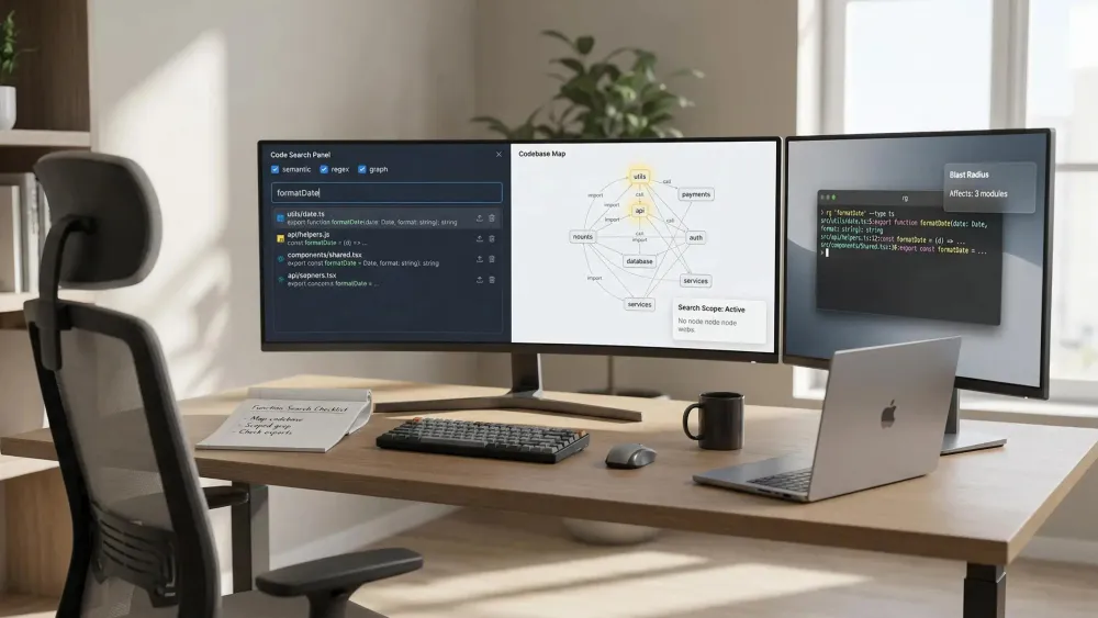 Illustration showing developers using tools to function search across codebase efficiently