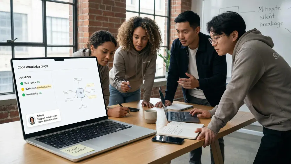 How to prevent regressions with AI coding: team reviewing code with AI tools on laptops