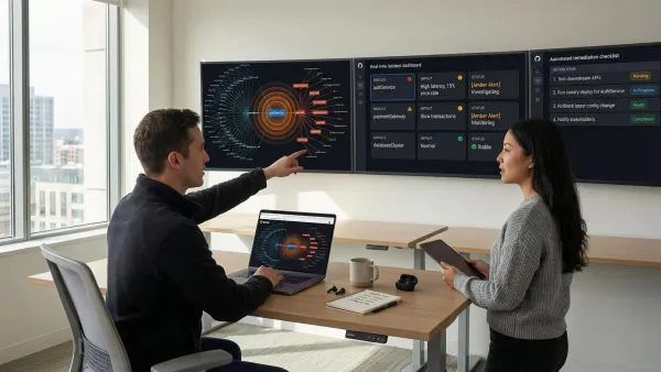 Dashboard visualization of blast radius analysis tool mapping code impact areas