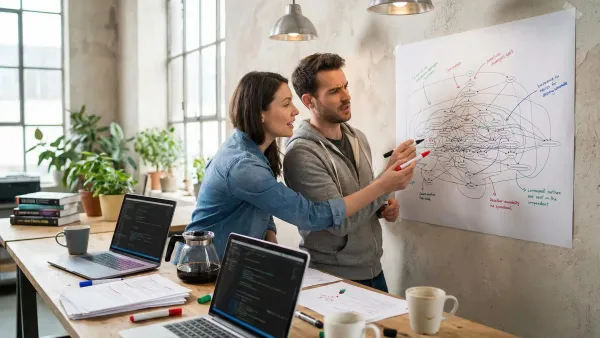 Developers reviewing code on screen during codebase audit for AI assisted development