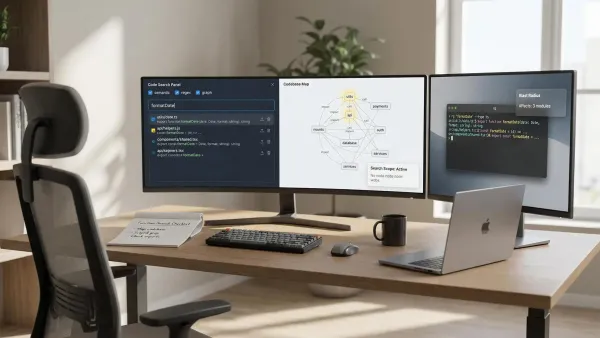 Illustration showing developers using tools to function search across codebase efficiently